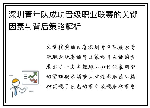 深圳青年队成功晋级职业联赛的关键因素与背后策略解析
